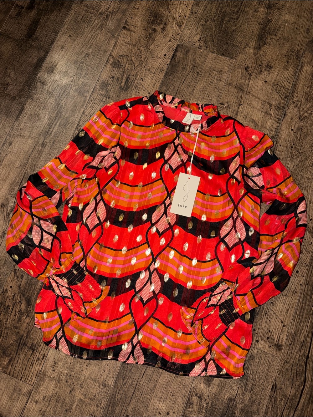 Joie Geometric Blouse Round Neck Long Sleeve Pullover Smocked Womens XS